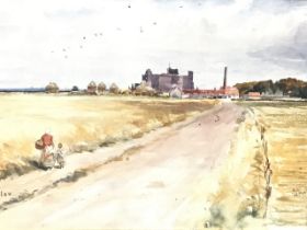 John Blair, watercolour, landscape with two figures on a track, signed and titled Tantallon, gilt