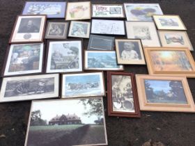 A box of miscellaneous framed pictures and prints including a pair of 1930s political cartoons, some