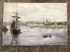 C20th watercolour, estuary view of Berwick upon Tweed from Tweedmouth, with a square-rigger, fishing