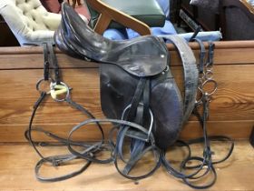 A padded leather saddle by Ideal Saddle Co., Walsall, with girth and stirrups, two bridles with