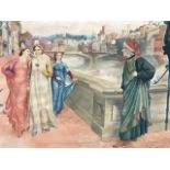 C20th watercolour, pre-Raphaelite figures on riverside in European city, unsigned, mounted & oak
