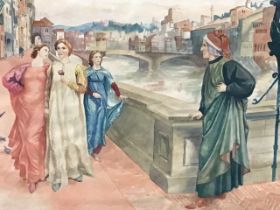 C20th watercolour, pre-Raphaelite figures on riverside in European city, unsigned, mounted & oak