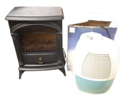A boxed B&Q electric 220w 10 litre domestic dehumidifier; and a Prolectrix 1800w log burner stove