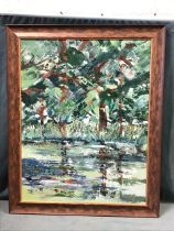 Oil on canvas, semi-abstract impasto of trees by a lake, unsigned, framed. (27.5in x 35.75in)