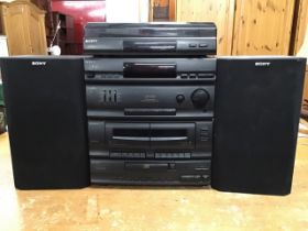 A Sony hi-fi stack with record deck, amplifier, cassette deck, CD player and pair of speakers,