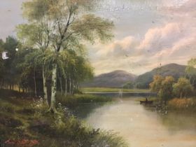 Tom Scott, oil on canvas Victorian lake landscape with angler in a boat, signed & dated 1879, gilt