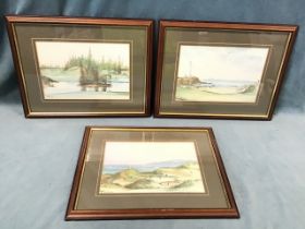 McAnally, three watercolours of golf courses, Turnberry, Gleneagles & Troon, mounted and framed. (
