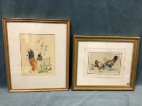 Pastel on linen, study of a cock & hen with chicks, signed with initials, mounted & gilt framed; and