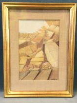 Greek school, abstracted landscape, gouache on card, signed indistinctly (Letonoz?) and dated 74,