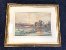 J Feott? Edwardian watercolour, river landscape with cows watering, signed indistinctly, mounted and