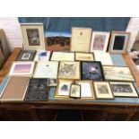 A box of miscellaneous framed pictures & prints including signed etchings, original signed