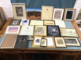 A box of miscellaneous framed pictures & prints including signed etchings, original signed