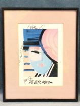 Peter Max, print, stylised deco man, hand signed, dedicated and dated 87, mounted and framed. (5in x