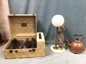 An Edwardian spelter figural tablelamp with globular shade - 20in; a 50s Garrard Trixette portable