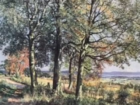 J McIntosh Patrick, lithographic landscape print with trees, signed in pencil on margin, titled to