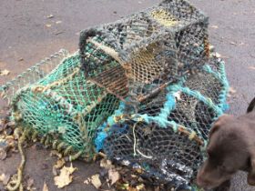 Three miscellaneous rectangular hooped lobster pots with iron ribbed bases. (3)