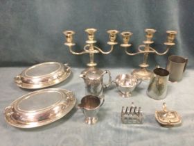 Miscellaneous silver & plate - two oval tureens & covers, tankards, a pair of candelabra, a jug &