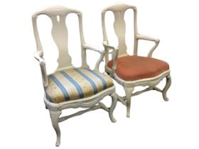 A pair of antique Swedish rococo painted open armchairs, the crestrails and pierced vase shaped