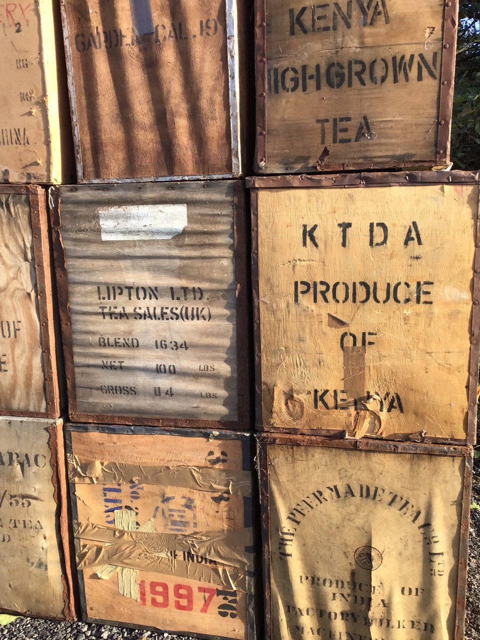 Ten miscellaneous old tea chests stencilled with various countries and cites - Kenya, London, China, - Image 2 of 3