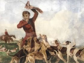 A Victorian watercolour, a huntsman surrounded by hounds at the kill, unsigned, mounted and gilt