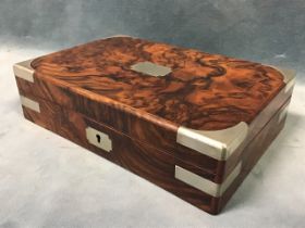 A Victorian velvet lined brass mounted burr walnut box, with inner tray containing draughtsmans