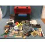 Miscellaneous fishing tackle including spinners, hooks, lead weights, floats, scissors, wallets, a