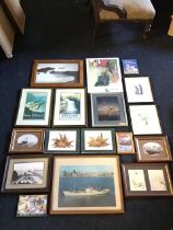 A quantity of framed prints, old photographs, pressed dried flowers, reproduction travel posters,