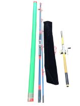 A Ryobi Mastercaster sea fishing two-piece shore rod with sleeve and tube; and a base of a sea rod