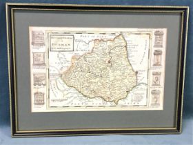 A handcoloured engraved map of the County Palatine of Durham after H Moll, 1724, the map flanked