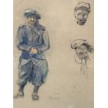 E Requin, pen, ink and watercolour, sketch of a French World War I soldier smoking a pipe and two