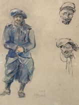 E Requin, pen, ink and watercolour, sketch of a French World War I soldier smoking a pipe and two