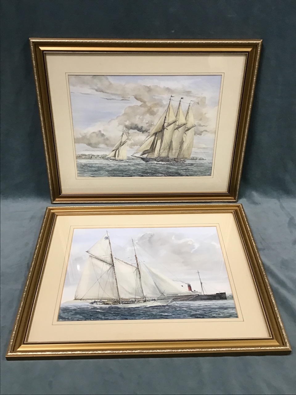 John Finch, watercolours, a pair, sailing yachts, signed, titled to verso Thee 3-masted Gaff-