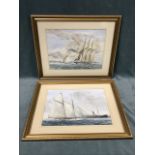 John Finch, watercolours, a pair, sailing yachts, signed, titled to verso Thee 3-masted Gaff-