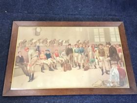 Isac Cullin, an 1887 coloured American print of jockeys in weighing room, signed in print,