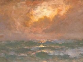 JF Slater, oil on board, sunrise seascape with choppy water, signed, mounted & framed. (15in x 10.
