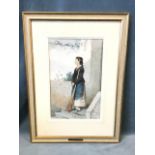 Frizzini, 19th century watercolour, an Italian girl standing on the steps wistfully watching two