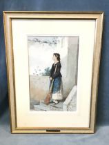 Frizzini, 19th century watercolour, an Italian girl standing on the steps wistfully watching two