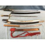 Four swords - a Japanese katana in a wood sheath - 33.5in, a katana in a lacquer scabbard - 40in,