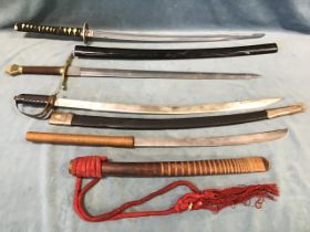 Four swords - a Japanese katana in a wood sheath - 33.5in, a katana in a lacquer scabbard - 40in,