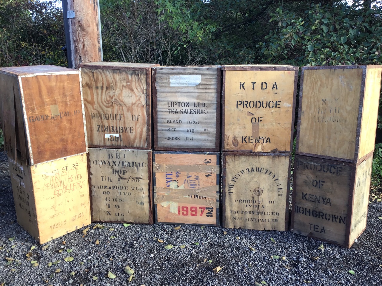 Ten miscellaneous old tea chests stencilled with various countries and cites - Kenya, London, China, - Image 3 of 3