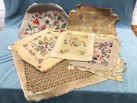 Six old hand-sewn floral needlework tapestry seat covers. (6)
