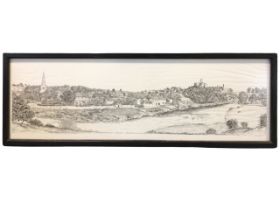 Monochrome print after a pen & ink drawing, Warkworth landscape showing town and castle from