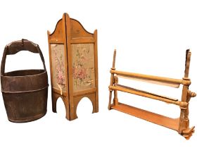 An ancient bucket with iron mounts having yoke type handle; a Belgian oak framed screen with painted