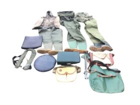 Miscellaneous fishing gear - bags, boat cushions, a folding stool, coats & waistcoats, three pairs