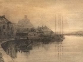 FE Jefferson, monotype boats at a misty quayside, signed on pencil on margin, mounted and framed. (
