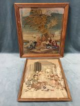 A Victorian woolwork tapestry depicting robed figures seated under a palm tree in a period oak frame