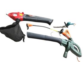 Four electrical garden tools - a Flymo strimmer, a Black & Decker hedgecutter, a Powerdevil