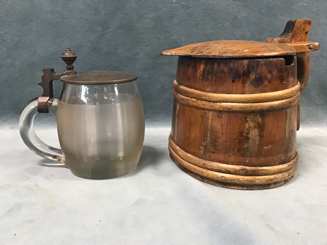 A 19th century Scandinavian coopered pine covered tankard; and an antique German cut glass half-