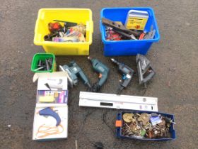 Miscellaneous tools - sanders, a boxed glue gun, hand tools, drills & bits, levels, padlocks & keys,