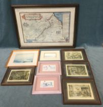 Miscellaneous framed prints - Reiver Families border map, Fred Stott of Berwick, a pair of floral